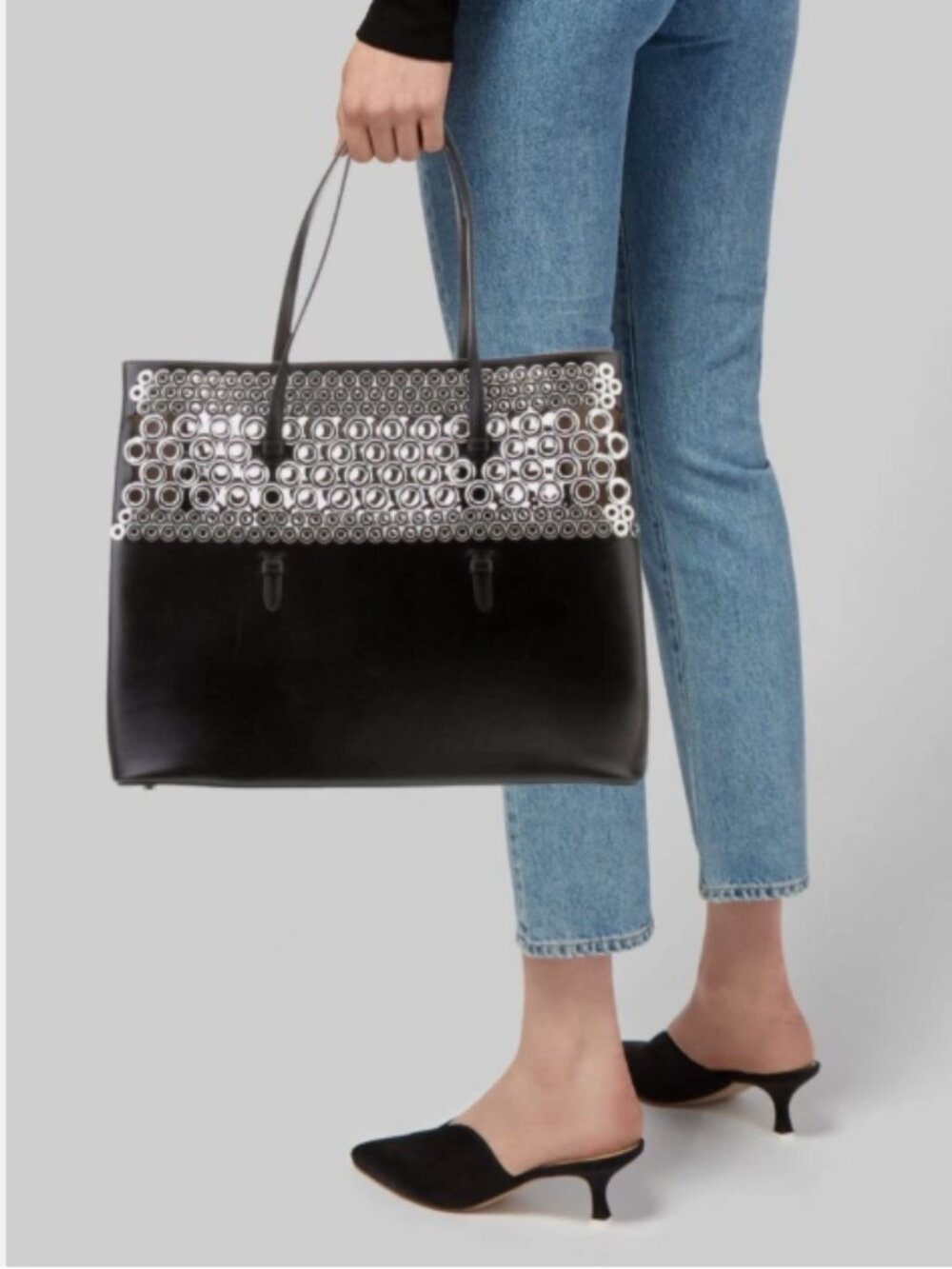 Alaia Paris Black Leather Eyelet Silver Grommet Tote Shoulder Bag + Mirror Italy